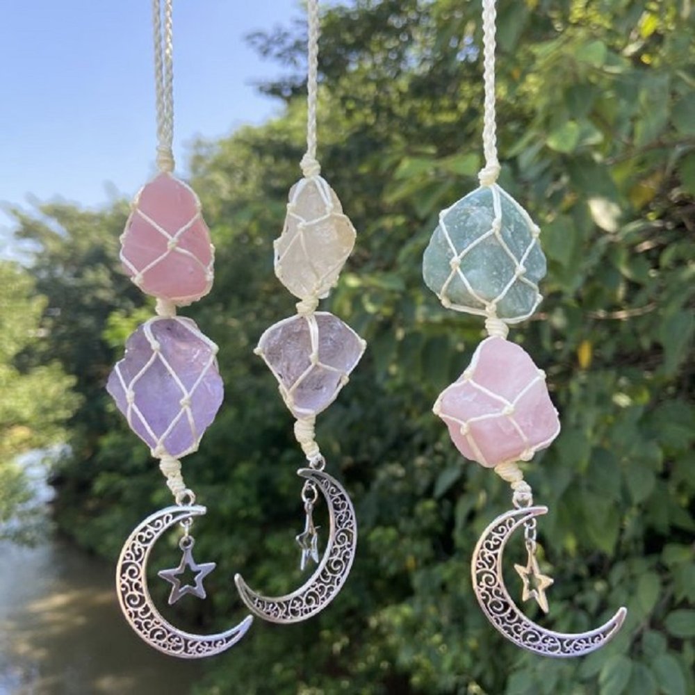 Natural Raw Stone Crystal Moon Star Wall Car Hanging Window Ornament